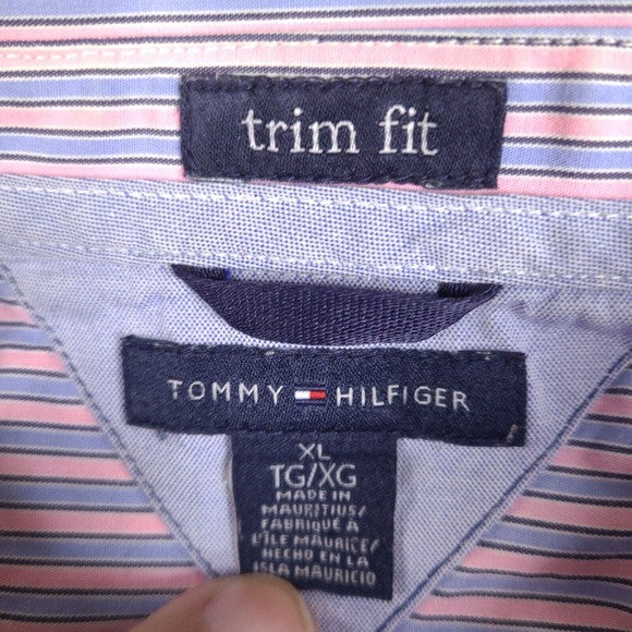 Tommy Hilfiger‎ Shirt Men's XL Pink Blue Short Sleeve Button Up Striped Trim Fit - Picture 6 of 14